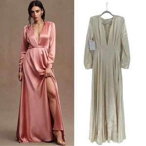 Ronny Kobo Nann Satin V-Neck Long-Sleeve Gown | IVORY Size 6